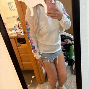 PINK Victoria's Secret White Long Sleeve Pocket Tee with Floral Sleeve Print